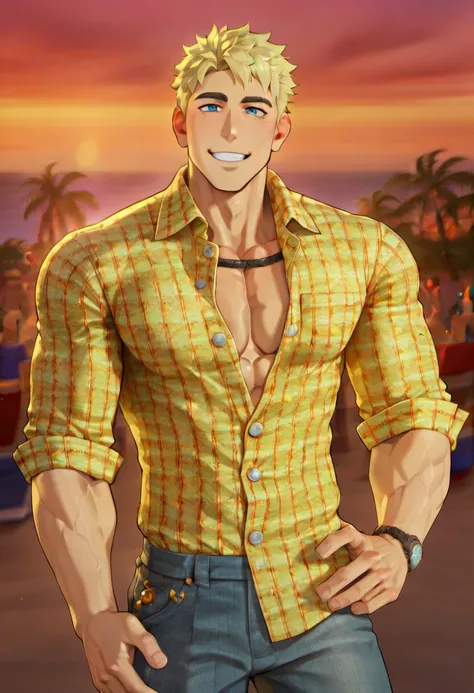 1boy, male focus, <lora:detailed_notrigger:0.8>, <lora:bodie_DC:0.8>, bodie, blonde hair, blue eyes, plaid shirt, jorts, smile, manly, muscular, masculine, looking at viewer, outdoors, beach, sfw, best quality, amazing quality, best aesthetic, absurdres, y...