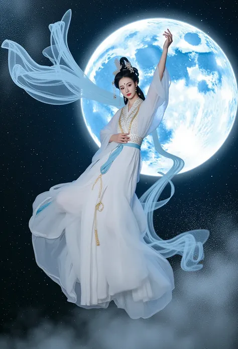 changexianzi, This is a digital photograph of a young Asian woman dressed in traditional Chinese attire, featuring a celestial and ethereal theme. The woman is suspended in mid-air, with her right arm gracefully extended upwards and her left arm slightly b...