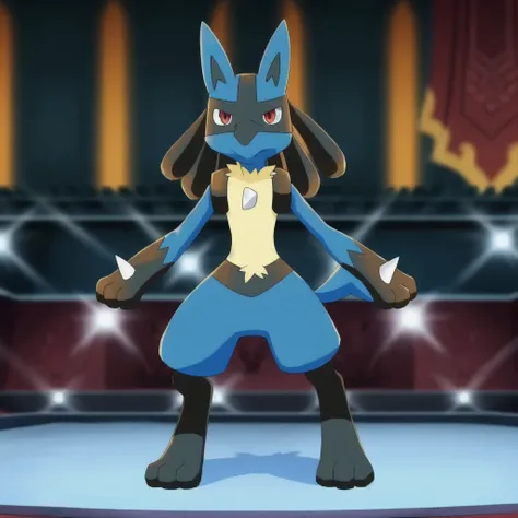 lucario, pokemon, best quality, masterwork, detailed background, stage, inside, fighting arena, lights, black fur, blue fur, yellow chest, chest spike, hand spike, blue tail, looking pleasured at viewer, mouth closed, cute, solo, solo focus, full-length po...