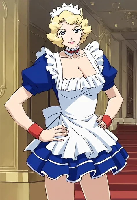 (sharp), score_7_up, score_8_up, score_9, masterpiece,  high quality,
CherryCocker, anime, anime style, female, solo, 1girl, adult,
short blond hair, blue eyes, pink lipstick, 
white french maid hat, blue and white french maid outfit, red and white choker,...