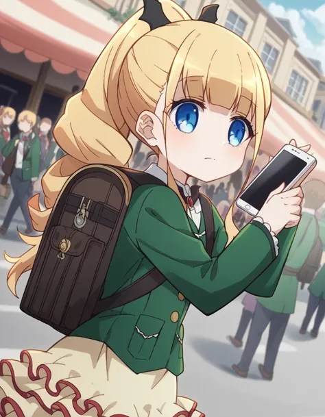 score_9, score_8_up, score_7_up, source_anime, <lora:erika-ainsworth-prisma-s3-ponyxl-lora-nochekaiser:1>,, erika ainsworth, long hair, bangs, blue eyes, blonde hair, hair ornament, ponytail, blunt bangs,, shirt, bag, backpack, green jacket, frills, randos...