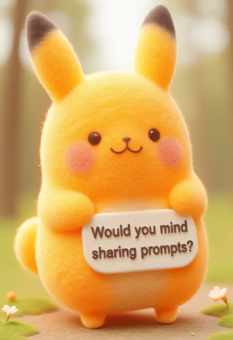 Suchwoolfelt, Chubby Pikachu holding a Big sign post with big text "Would you mind sharing prompts?"