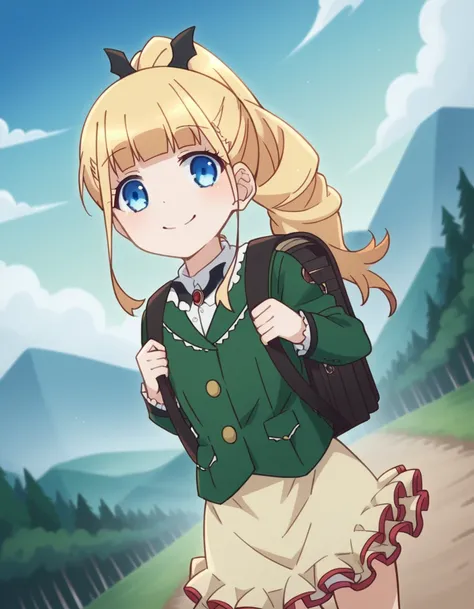 score_9, score_8_up, score_7_up, source_anime, <lora:erika-ainsworth-prisma-s3-ponyxl-lora-nochekaiser:1>,, erika ainsworth, long hair, bangs, blue eyes, blonde hair, hair ornament, ponytail, blunt bangs,, shirt, bag, backpack, green jacket, frills, randos...