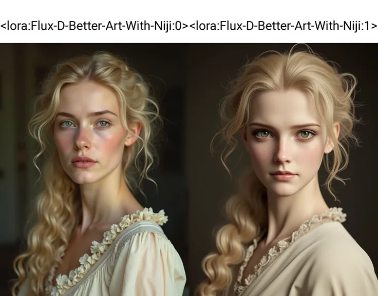 niji, <lora:Flux-D-Better-Art-With-Niji:0>, 1880s adult Victorian wife mother with long blonde hair worn out and full, wearing light clothes, full lips and a soft face and large green eyes