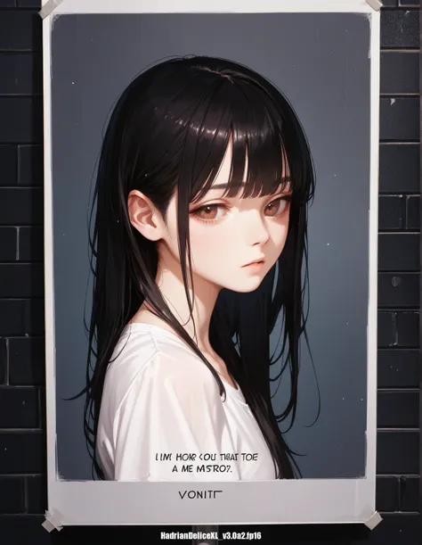 score_9,score_8_up,score_7_up, ,, in photo,Polaroid,dark photo:1.3), (photorealistic), 1girl, flat bangs, stunning innocent symmetry face,  from side,english text,black hair,brown eyes,white shirt,signature,asian,parted lips