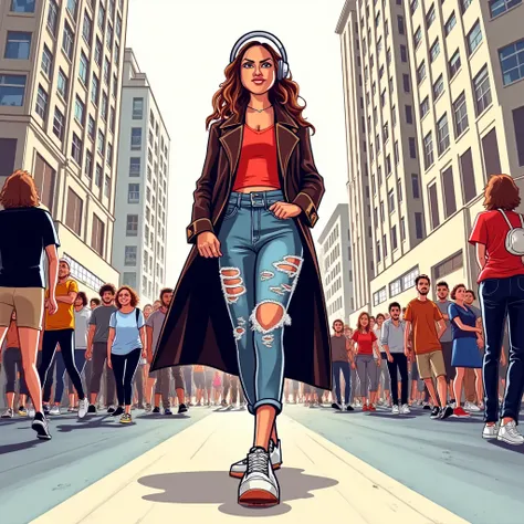 A cool, urban illustration of a woman walking through a busy city street, wearing a trendy streetwear outfit. She’s got headphones on, and her confident pose reflects her laid-back, city lifestyle. The background features tall buildings and a bustling crow...