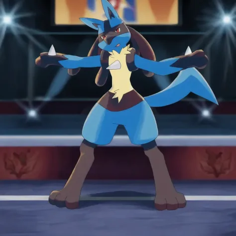 lucario, pokemon, best quality, masterwork, detailed background, stage, inside, fighting arena, lights, black fur, blue fur, yellow chest, chest spike, hand spike, blue tail, looking pleasured at viewer, mouth closed, cute, solo, solo focus, full-length po...