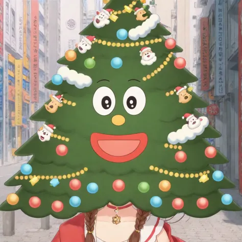 koronetree, braid, brown hair,christmas, christmas lights, christmas ornaments, christmas tree head, hair ornament, inugami korone, long hair, merry christmas, open mouth, solo, twin braids, twintails
 <lora:KORONETREE-XL-t1-000004:0.6>