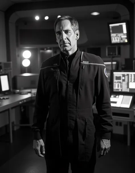 <lora:archer-flux:1.0> Captain Jonathan Archer stands confidently on the bridge of the starship Enterprise, surrounded by advanced futuristic technology. The ships sleek metallic walls and glowing control panels., (b&w, Monochromatic, Film Photography:1.3)...