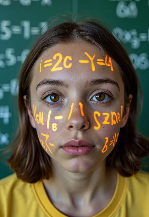 a close-up of a girl's face, with dayglo black gold holographic equations projected crisis point their skin. in the background, ...