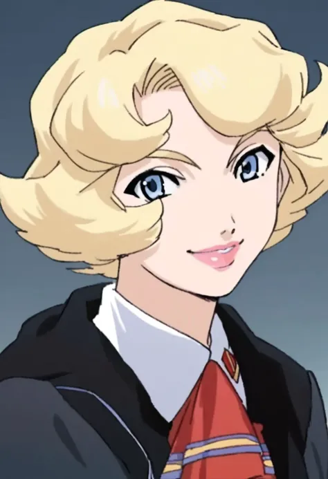 (sharp), score_7_up, score_8_up, score_9, masterpiece,  high quality,
CherryCocker, anime, anime style, female, ((solo)), 1girl, adult,
short blond hair, blue eyes, pink lipstick, 
red ascott, white undershirt, dark coat,
smiling, looking at viewer,
headsh...