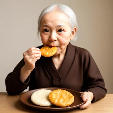 <lora:rice_crackers_SDXL:0.5>, a plate of food, old woman eating, plate, tray, food_focus, brown_theme, pastry, still_life,, rice crackers