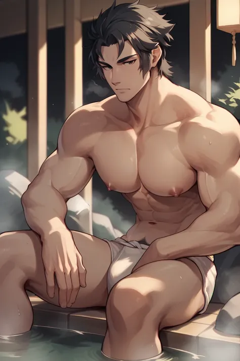 score_9, score_8_up, score_7_up, score_6_up,1man, adult, bara, solo, black hair, black eyes, short hair, bangs, expressionless, japanese underwear, topless, sitting, hot springs, steam