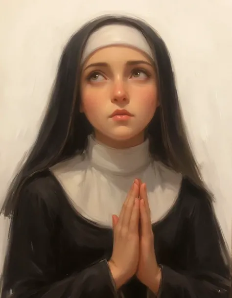 <lora:alex-chow-style:1> painting_by_a_chow, a nun, praying hands together, looking up