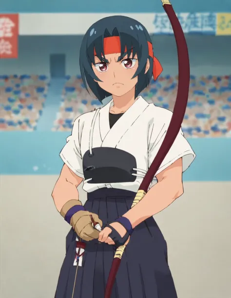 score_9, score_8_up, score_7_up, 1girl, solo, pubic hair,anime screencap, kyuudou, archery, muneate, partially fingerless gloves,   hakama skirt,
headband, short hair  red headband,  frown, black hair, looking at viewer, closed mouth, thick eye blow,<lora:...