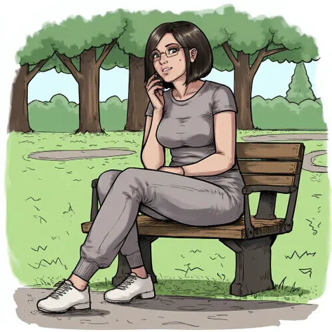 <lora:Flux-Sch-SingleBlocks-F32:1>, <lora:OkayOkayOkOk:1>, drawing of an asian woman with round glasses sitting on a bench in a park looking off to the side with a curious and interested facial expression, with medium length black hair in a bob cut, wearin...