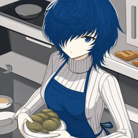 Makoto Yuki, blue hair, bangs covering one eye, blue eyes, small lips, slim body, medium breasts, white turtleneck sweater, striped turtleneck sweater, blue apron, preparing food in the kitchen, blank expression