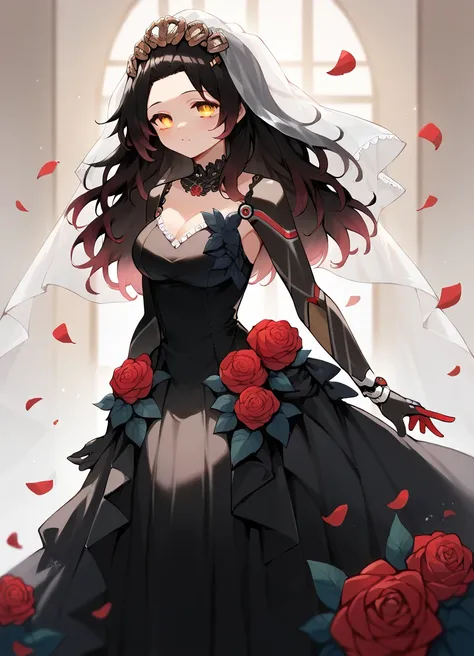 score_9, score_8_up, score_7_up, score_6_up, source_anime, 1girl
,(Roboco, gradient hair, dark hair, (pink hair:.5), hair ornaments, gold eyes)
, dress, roses, wedding veil, black dress