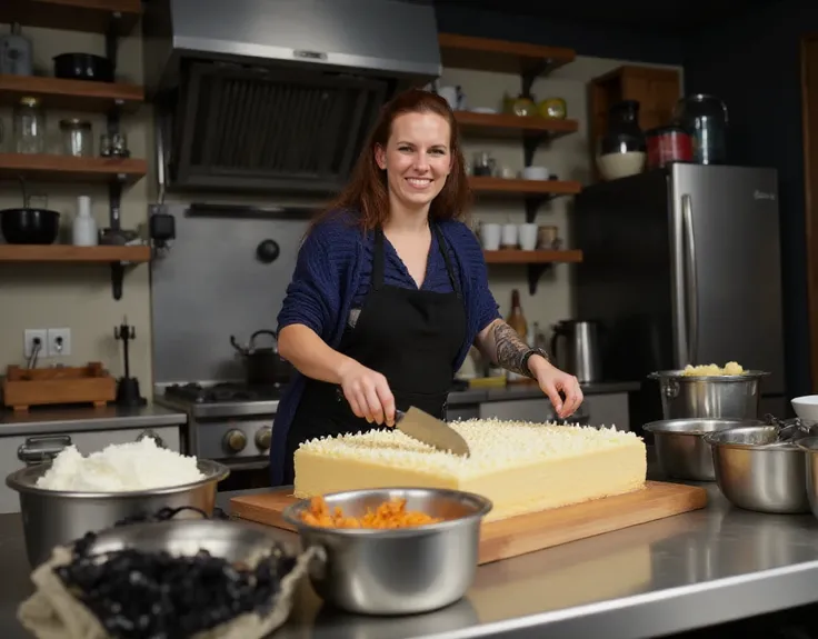 Johanna von der Vögelweide is baking a big cake in a kitchen  <lora:Johanna_von_der_Vögelweide:0.9>