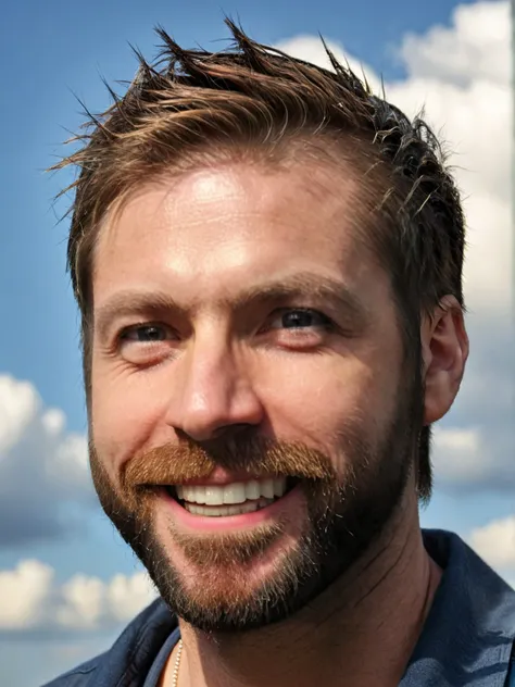 (upper-body1.5) photo of 1man <lora:Ray_Park:1> Ray Park with a beard, happy expression, smiling, outdoors, sky, cloud, no humans, cloudy sky, scenery, sun, captured with a 5d camera, in HDR, 8k resolution, sharp focus, infused with a graphic novel aesthet...