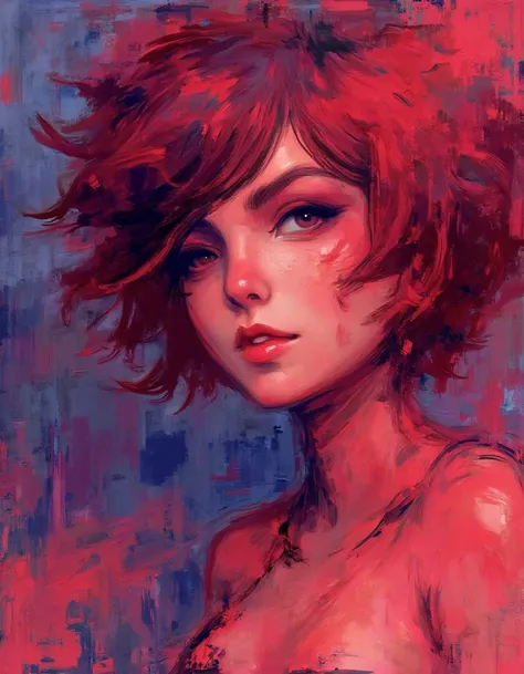 <lora:alex-chow-style:1.4> painting_by_a_chow, the cutest looking woman, reds and blues