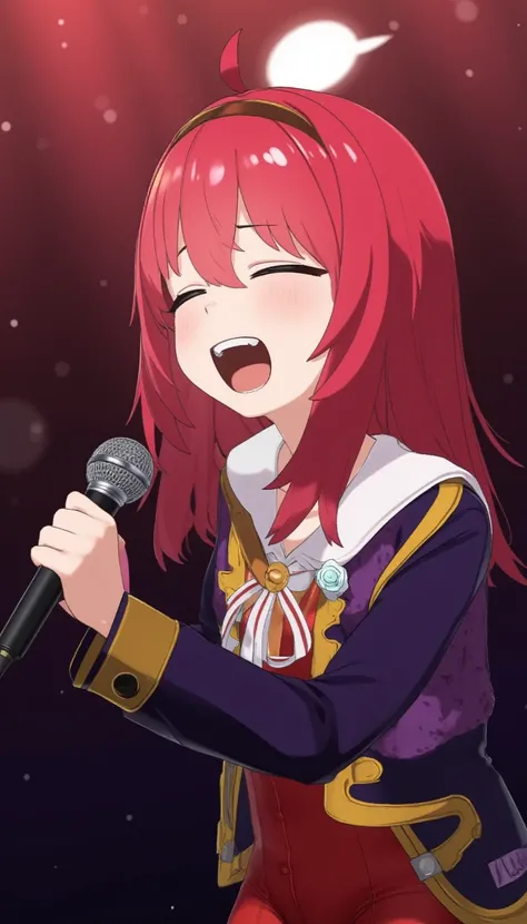 Monika from Doki Doki Literature singing "Love?" by Strapping Young Lad, screaming the lyrics with sheer passion into a microphone, superbly detailed, emotional, extreme metal,(gura:0.6)