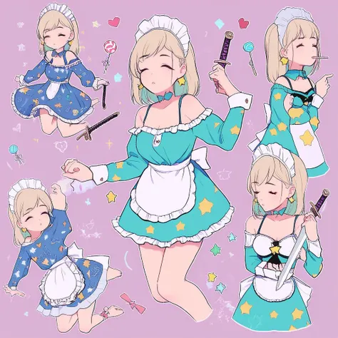 sword, parted lips, breasts, enmaided, bra strap, swimsuit, aqua dress, maid headdress, off shoulder, star earrings, candy, alternate costume, wrist cuffs, simple background, apron, closed eyes, heart, star print, long sleeves