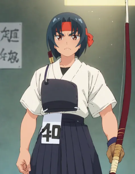 score_9, score_8_up, score_7_up, 1girl, solo, pubic hair,anime screencap, kyuudou, archery, muneate, partially fingerless gloves,   hakama skirt,
headband, short hair  red headband,  frown, black hair, looking at viewer, closed mouth, thick eye blow,<lora:...