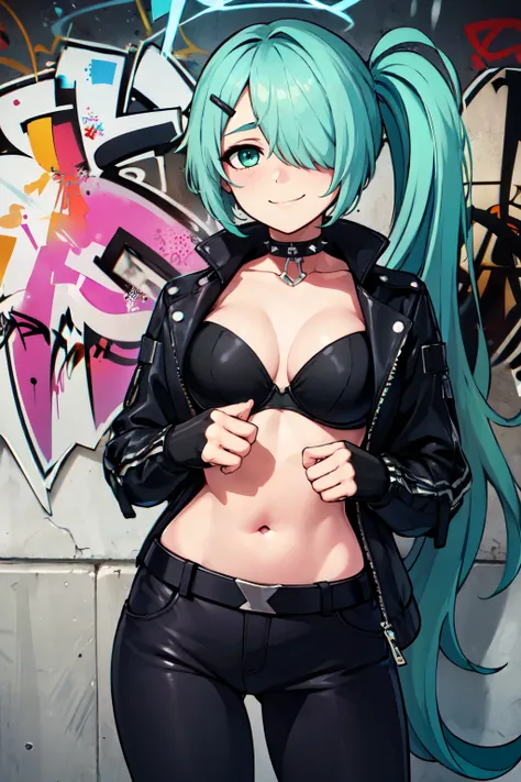 ((masterpiece,best quality)), absurdres,  BREAK, , <lora:Hiyori_BlueArchive_Citron:0.8>, zzHiyori, long hair, hair over one eye, halo, side ponytail, hairclip, hair ornament, aqua hair, green eyes , , BREAK, leather jacket, leather pants, strapless bra, bl...