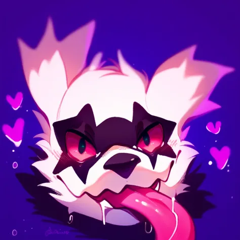 score_9, score_8_up, score_8, furry, GZigzag, Pokemon (creature), black and white fur, pink sclera, cartoon style, 2d, solo, headshot, face close up, furry male, looking at viewer, tongue out, long tongue, saliva, hearts, purple background