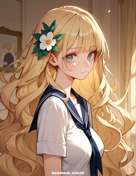 score_9,score_8_up,score_7_up,score_6_up,score_5_up, ,, skinny/elegance,serafuku,short sleeves,long hair,blonde hair,long eyelashes,curly hair,flowing hair,hair flower, blunt bangs,curvy,large breasts,light blue eyes,grey eyes