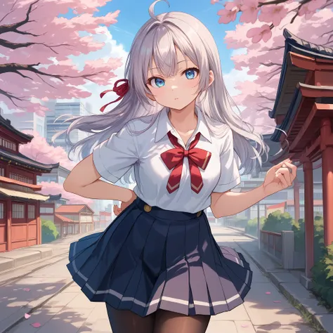 score_9, score_8_up, score_7_up, score_6_up, score_5_up, score_4_up, BREAK source_anime, look at viewer, rating_safe, 1girl, solo, outdoors, city, cherry blossom, masterpiece, best quality, high detailed skin,  alisa mikhailovna kujou, long hair, grey hair...