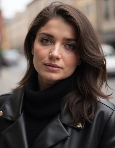 <lora:eve_hewson_dev_f1:1> a beautiful woman, wearing a turtle neck sweater,  leather jacket, outside