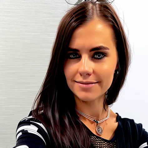 brown hair, 1girl, white background, black hair, looking at viewer, realistic, necklace, shirt, blurry