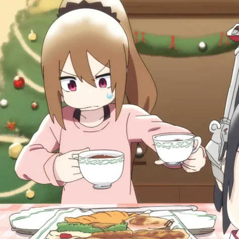 kasaharasumire, hair between eyes, teacup, sweatdrop, pointing, christmas, weapon, food, long sleeves, shirt