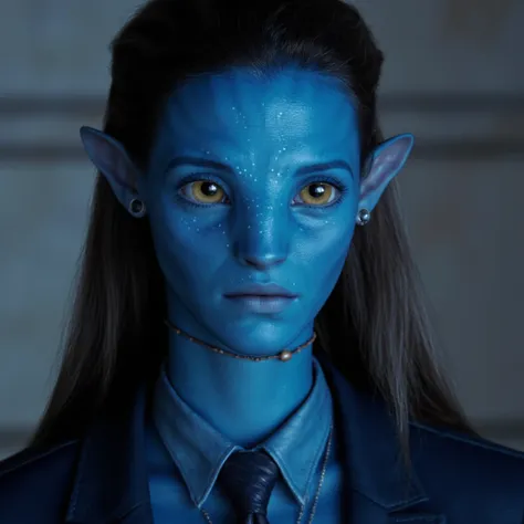 high quality passport photo of a woman neytiri with blue skin wearing a suit and tie looking directly at the camera with her mou...