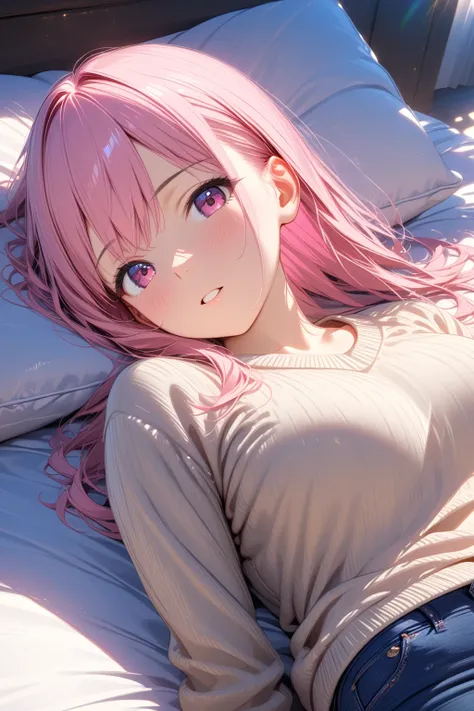 1girl, solo, pink hair, beige_sweater, jeans, <lora:MiaV1:1>, ((masterpiece)), (highres:1.1), 4k, 8k, HD, (ultra detailed), vivid colors, sharp focus, ray tracing, HDR, perfect lighting, best quality, depth of field, complex detailing, in the room, on back...