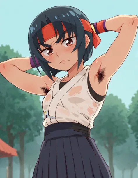 score_9, score_8_up, score_7_up, 1girl, solo, armpit hair,anime screencap,muneate, partially fingerless gloves,   hakama skirt,
headband, short hair  red headband,  frown, black hair, looking at viewer, closed mouth, thick eye blow,blush,<lora:nassan_v3:0....