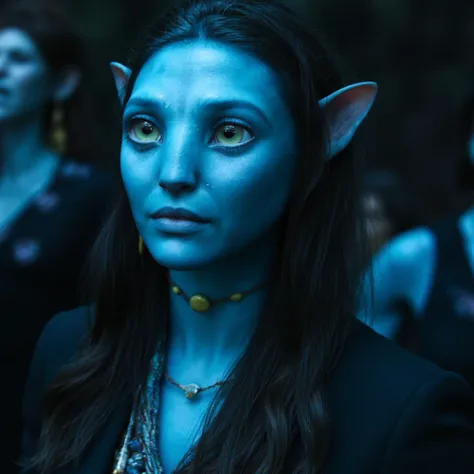 high quality passport photo of a woman neytiri with blue skin wearing a suit and tie looking directly at the camera with her mou...