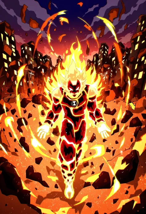 A fiery inferno engulfs the darkened cityscape as heatb emerges from the flames, his body radiating intense heat and energy. The vibrant anime art style brings to life heatbs fiery body. In the background, skyscrapers and buildings crumble amidst the infer...