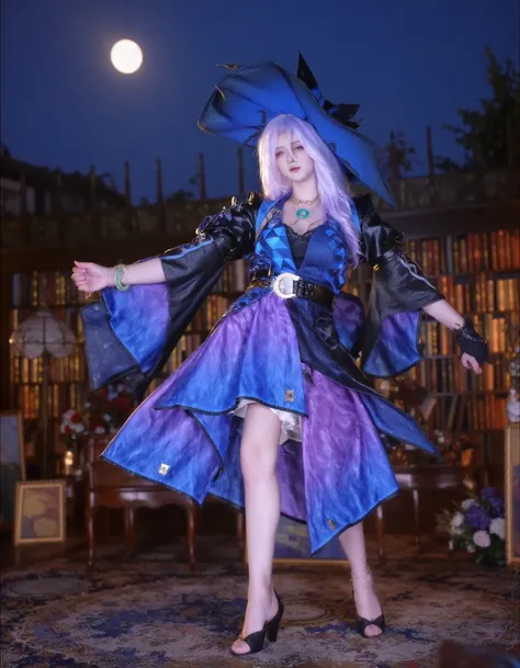 <lora:feicui01:1.2>,feicui,a person dressed in a fantasy-inspired costume featuring elements of purple and blue with an ornate hat. Scene: In the garden at night, moonlight bathes the ground, surrounded by blooming flowers and fluttering fireflies.Pose: Th...