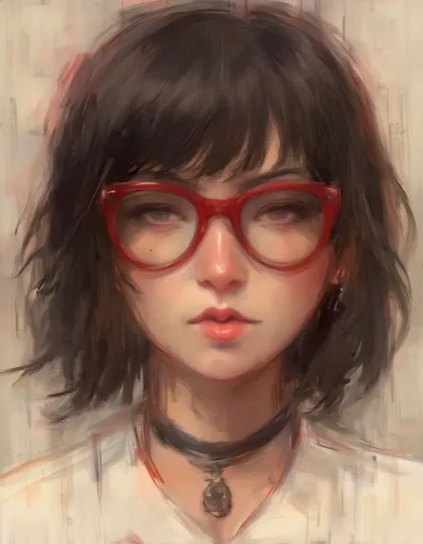 <lora:alex-chow-style:1.5> painting_by_a_chow, a woman with a chubby face long bangs and large red framed glasses