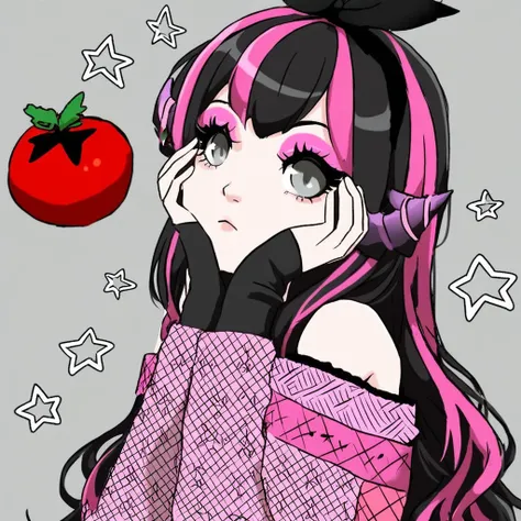 long hair, streaked hair, pink eyeshadow, sweater, v, portrait, bare shoulders, black bow, elbow gloves, hands on own face, fishnets, bow, hairband, tomato, grey eyes, plaid, horns, grey background, from side, star (symbol)