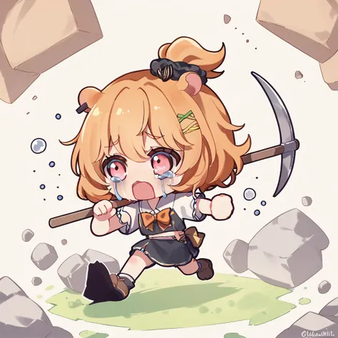 score_9, score_8_up, score_7_up, score_6_up, source_anime, 1girl
, EimiIsami, orange hair, animal ears, hair ornaments
, chibi, scared, running, pickaxe, crying, pink eyes