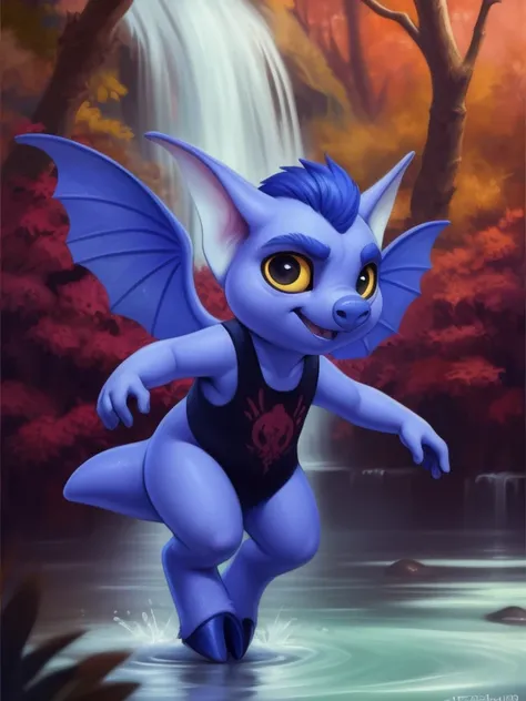 <lora:ImpShRaCartoonIIYiF:1> ImpShRaCartoonII, imp, (chibi, small body,) black T-shirt,,  Mohawk,  blue skin, Small wings, Small Tail, Yellow sclera, black eyes, hooves,  
Looks at the viewer, [ solo, nature, forest, day, clouds, waterfall,] , ((dancing ))...