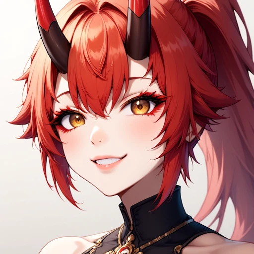 An anime style artwork of Zeriastra smiling while looking at you, closeup, head and shoulders