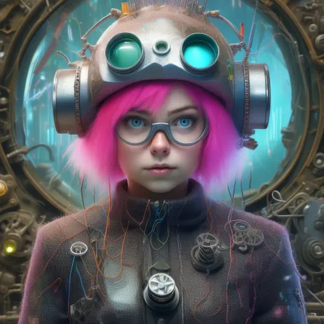 A close-up of a young gnome woman with short, spiky pink hair and pale, freckled skin as she peers through thick, multi-lensed goggles at a tiny, metallic triangle floating just above her palm. Her bright blue eyes are filled with curiosity and excitement ...