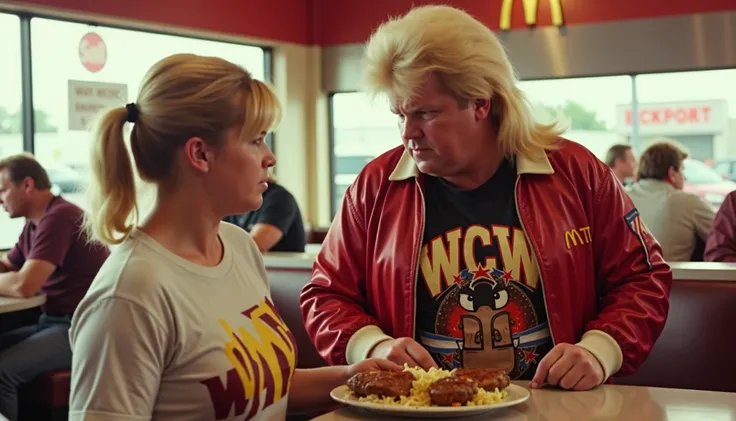 <lora:_Beautiful_ Bobby Eaton FLUX_epoch_1:0.8> a scene depicting (BeautifulBobbyEaton man with his super awesome blonde mullet is wearing a badass satin bomber jacket) at McDonalds, staring like a creep at (your short ginger mother lady in a WCW tshirt th...