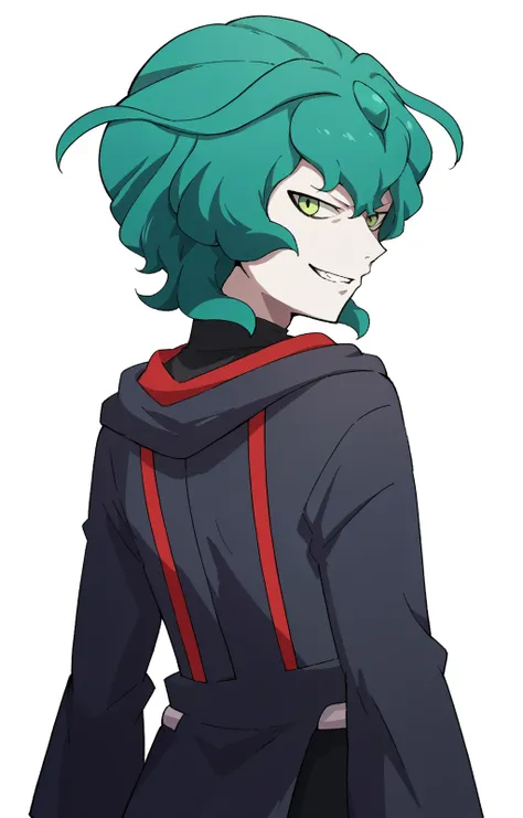 score_9, score_7_up, source_anime, white background, solo, 1boy, ozrock, pale skin, green aqua hair, green eyes, <lora:Bitway_Ozrock:1>, looking at viewer, standing, from behind, looking back, grin