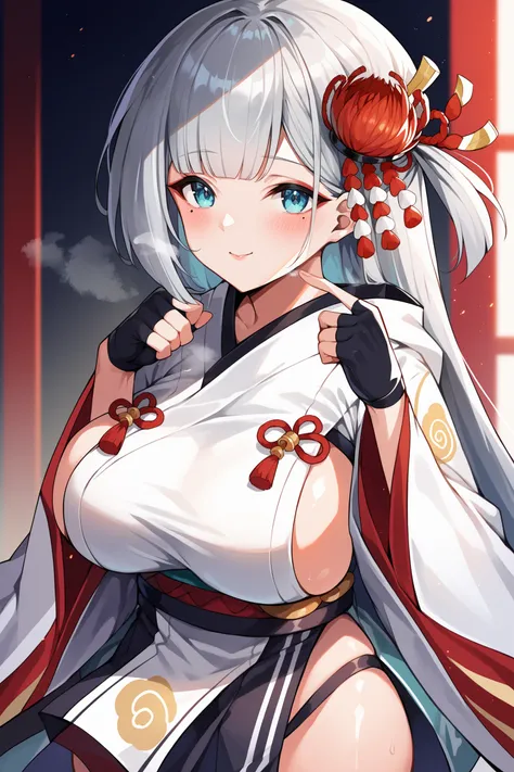 score_9, score_8_up, score_7_up, , rating_general ,1girl ,aqua eyes, red eyeshadow, mole under eye, grey hair, one side up, red hair flower, white kimono, tassels, wide sleeves, black wristband, fingerless gloves, obi, black pleated skirt under curtain, bl...